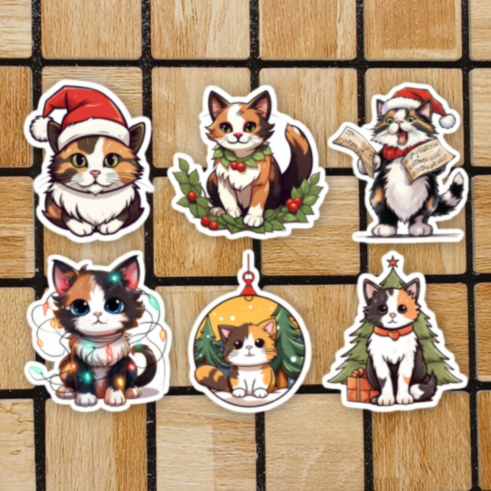 Christmas Calico Cat Sticker Pack of 6 Vinyl Stickers Waterproof Sticker Set